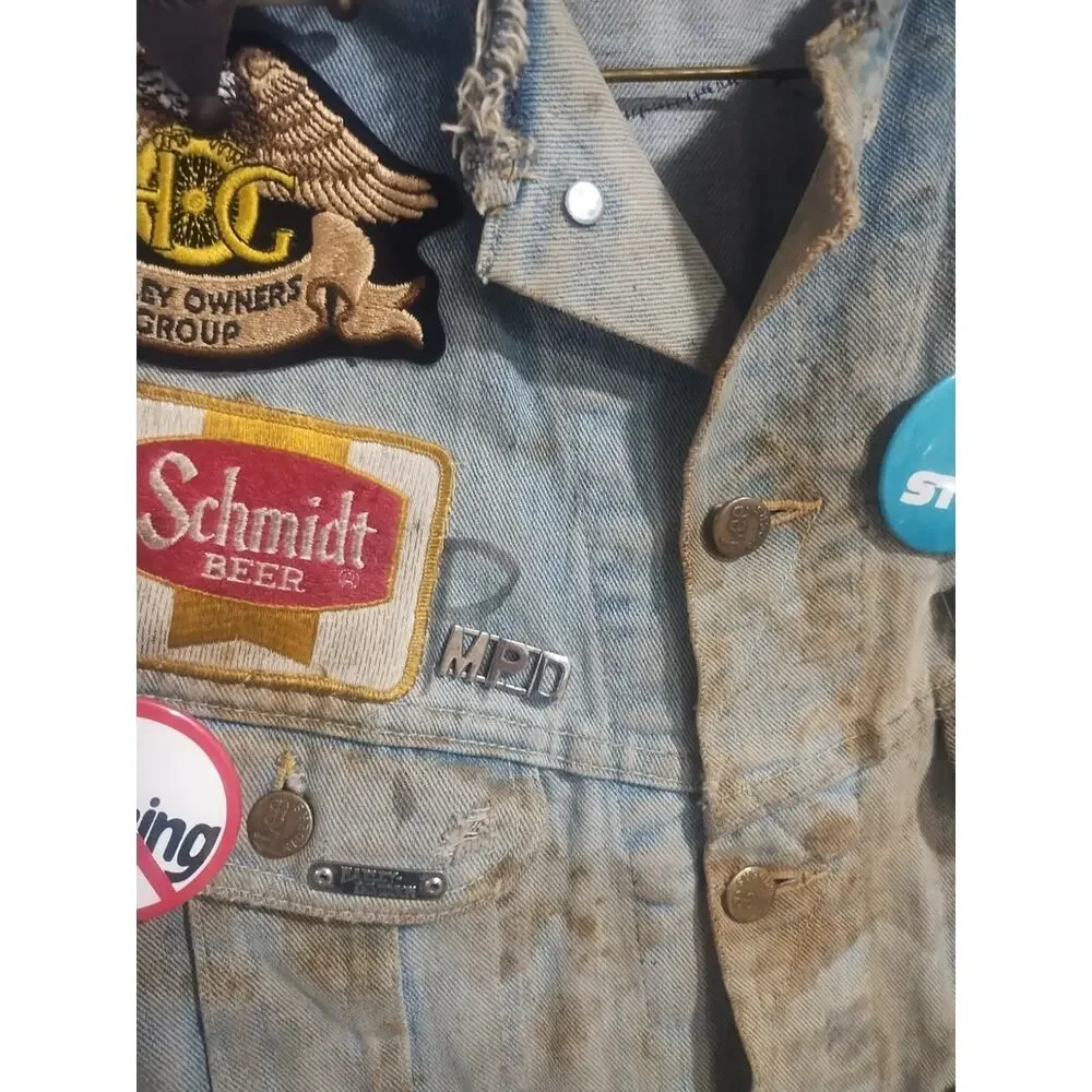 Vintage Lee Denim Vest Mens XL Blue Patches pins 70s Biker Trucker Cut Off Jean